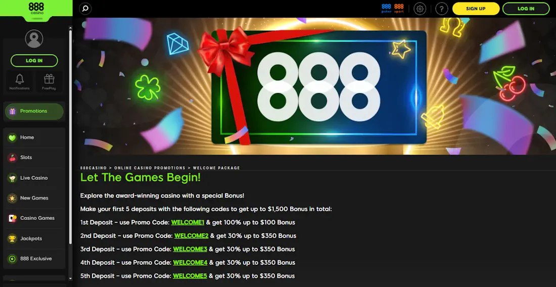 888 Casino Premium bonus package Screenshot